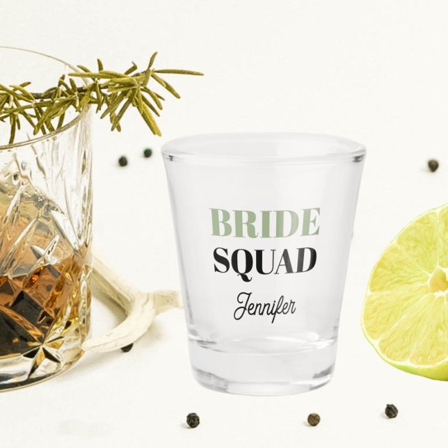 Sage Green Wedding Bride Squad Personalised Shot Glass (In Situ)