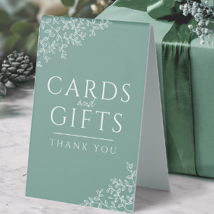 Sage green wedding cards gifts drawn leaves sign