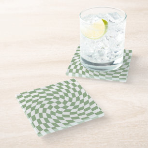 Sage Green Wedding Collection Check Chequered    Glass Coaster