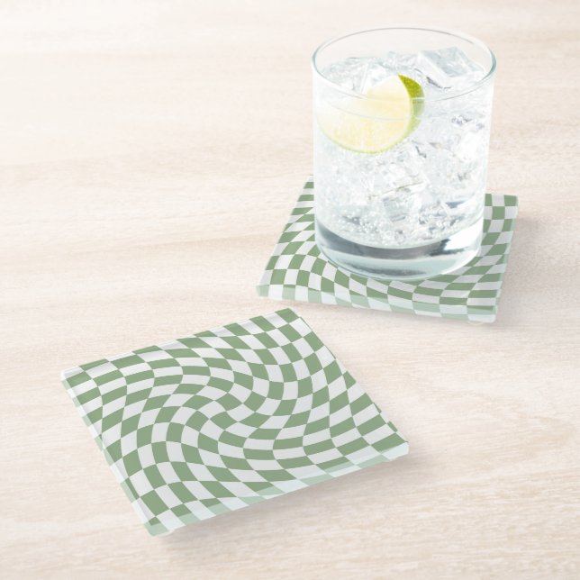 Sage Green Wedding Collection Check Chequered    Glass Coaster (Angled)
