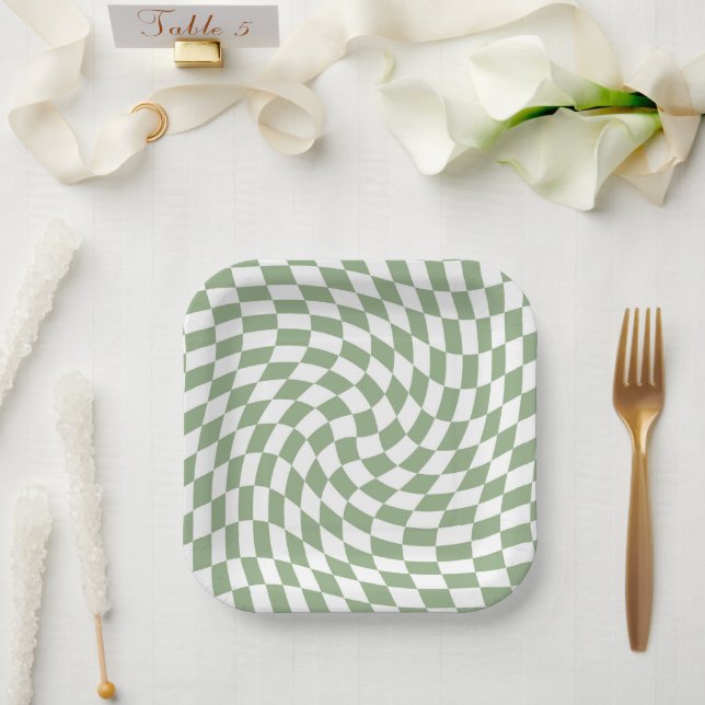 Sage Green Wedding Collection Check Chequered Paper Plate (Wedding)