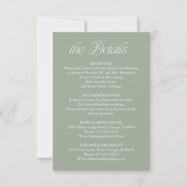 Sage Green Wedding Details Information Insert Card (Front)
