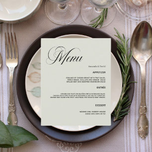 Sage green wedding dinner menu card