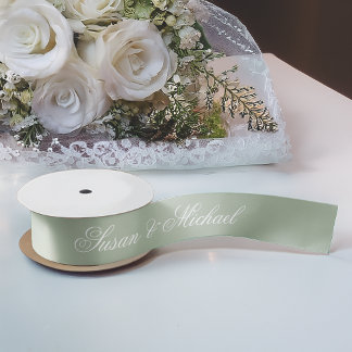 Sage Green Wedding Elegant Script Calligraphy Satin Ribbon