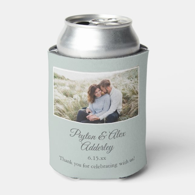 Sage Green Wedding Favour Photo Couple Photo, Name Can Cooler (Can Front)