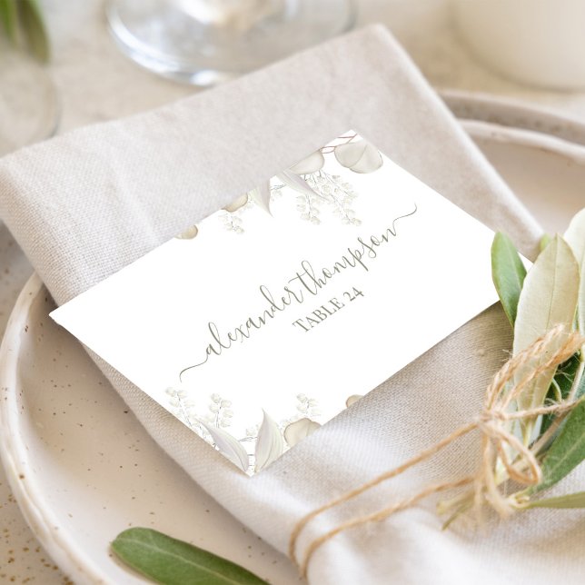 Sage Green Wedding Greenery Name Place Card (Sage green foliage calligraphy script table number card.)