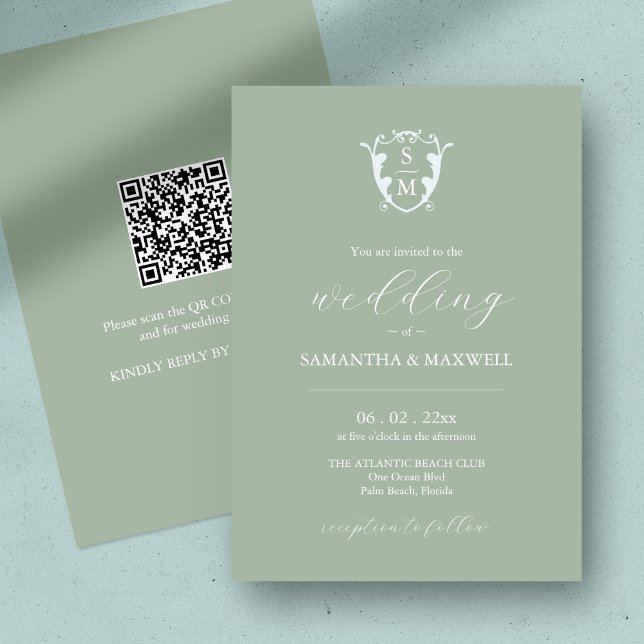 Sage Green Wedding Invitation with QR Code (QR code wedding invitation sage green minimalistic custom monogram crest )