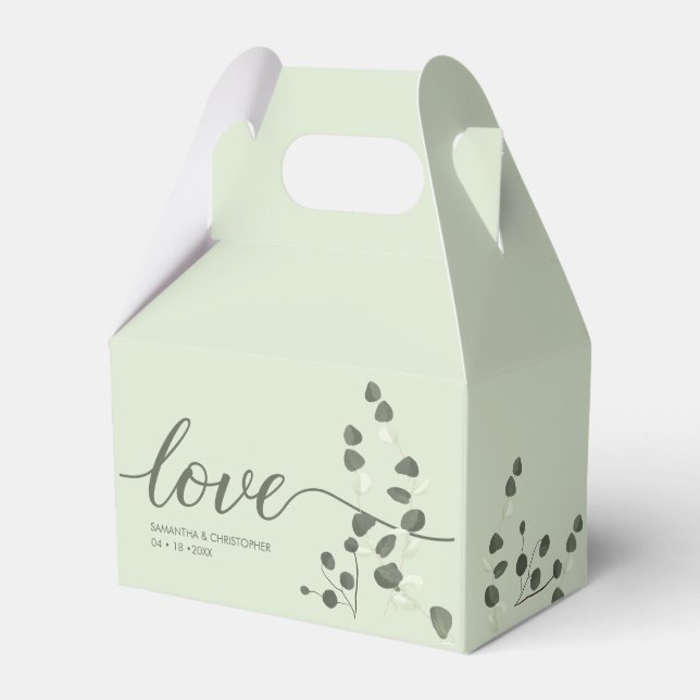 Sage green Wedding Love Script Eucalyptus Custom Favour Box (Front Side)