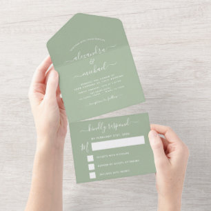 Sage Green Wedding Modern Typography RSVP All In One Invitation