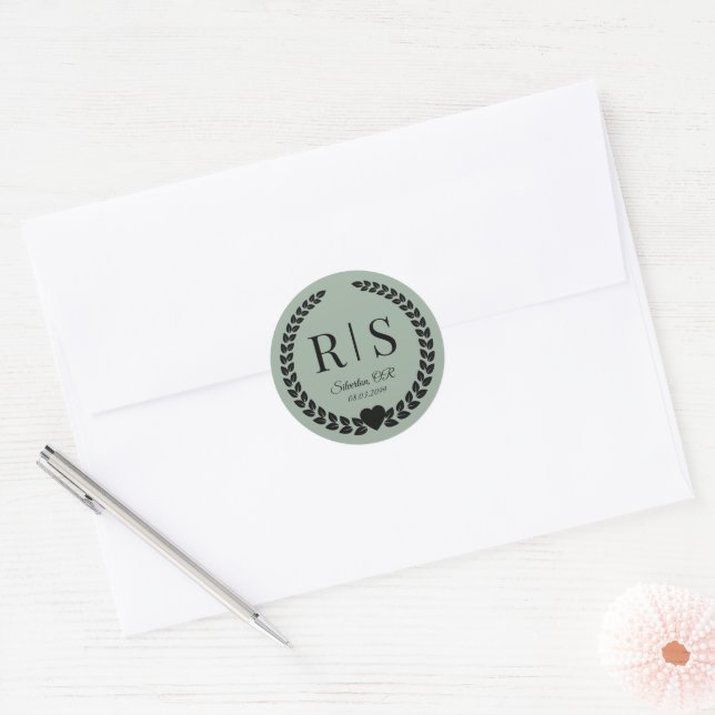 Sage Green Wedding Monogram Initials Classic Round Sticker (Envelope)