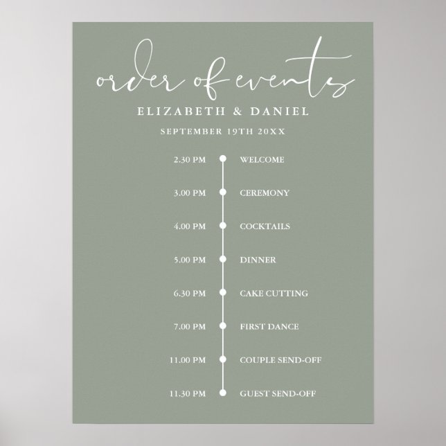Sage Green Wedding Order Of Events Timeline Sign (Front)