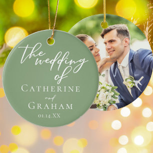 Sage Green Wedding Personalised Photo Christmas Ceramic Ornament