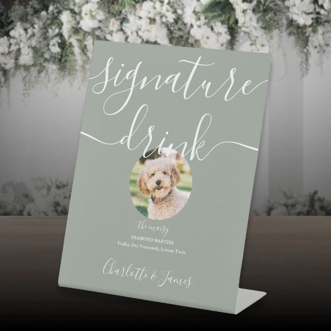 Sage Green Wedding Pet Signature Drink  Pedestal Sign (Sage Green Wedding Pet Signature Drink Pedestal Sign)