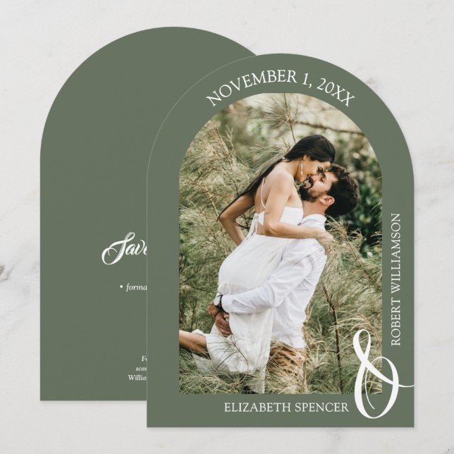 Sage Green Wedding Photo QR Code Save the Date (Front/Back)