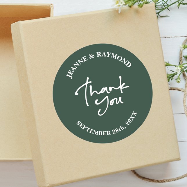 Sage Green Wedding Thank You Calligraphy Favour Classic Round Sticker (Creator Uploaded)