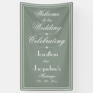 Sage Green Wedding White Script Welcome Backdrop Banner