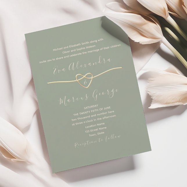 Sage Green Wedding with Gold Rope Heart Invitation (Creator Uploaded)
