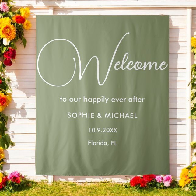 Sage Green Welcome Wedding Photo Prop Backdrop Tapestry (Creator Uploaded)