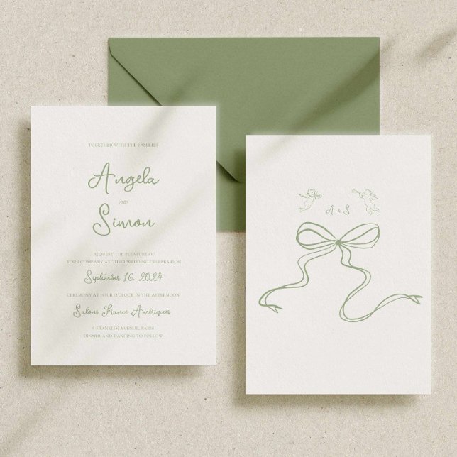 Sage Green Whimsical Bow Cherub Wedding Invitation (Creator Uploaded)