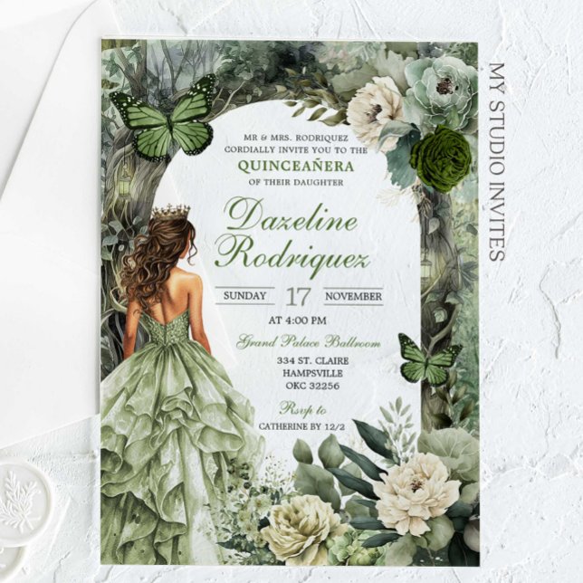 Sage Green Whimsical Forest Quinceanera Acrylic Invitations (Creator Uploaded)