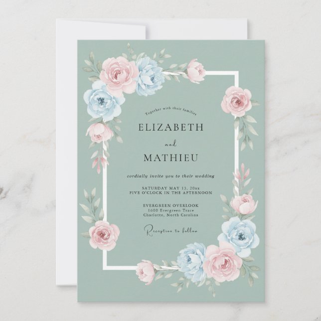Sage Green Whimsical Rose Wedding Invitation (Front)