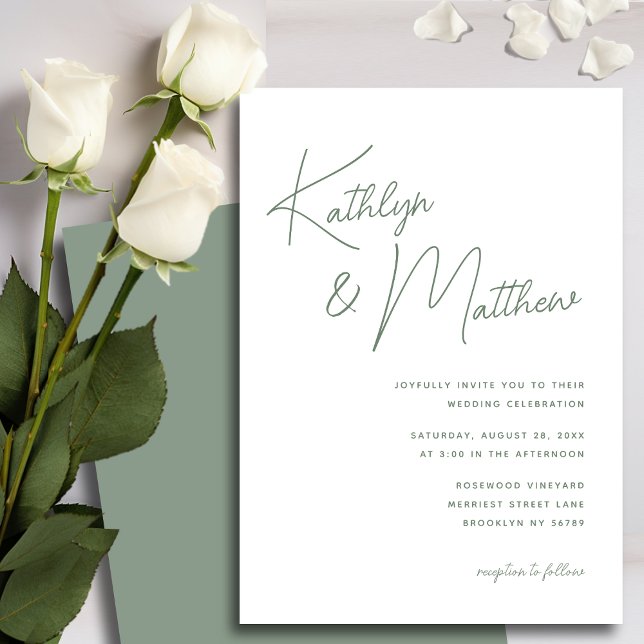 Sage Green Whimsical Script Minimalist Wedding Invitation (Creator Uploaded)