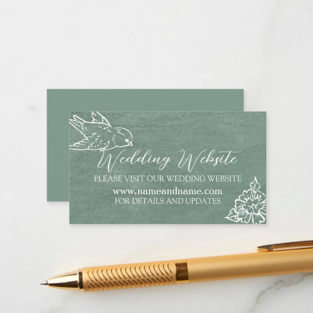 Sage Green White Bird Floral Leaf Wedding Website Enclosure Card (Front/Back In Situ)
