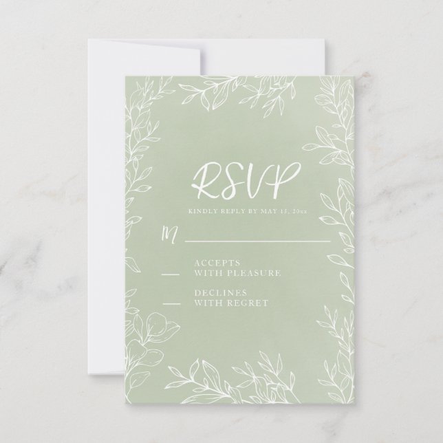 Sage Green White Botanical Garden Wedding  RSVP Card (Front)