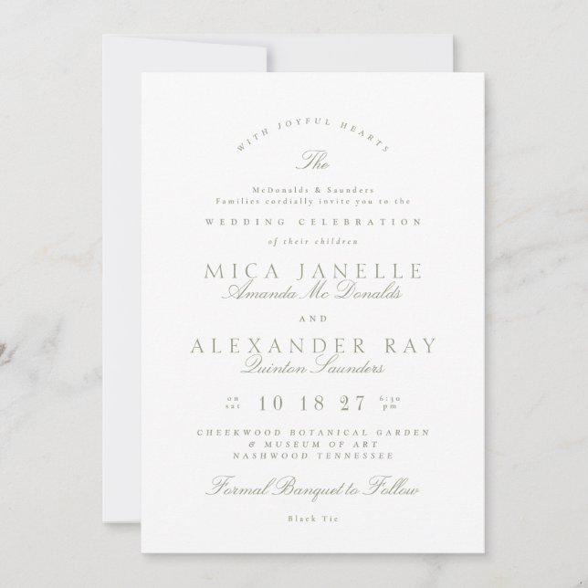 Sage Green White Classic Elegant Formal Wedding Invitation (Front)