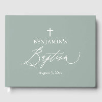 Sage Green White Cross Boy Baptism Guest Book
