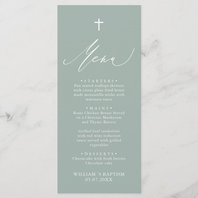 Sage Green White Cross Boy Baptism Menu Card (Front)