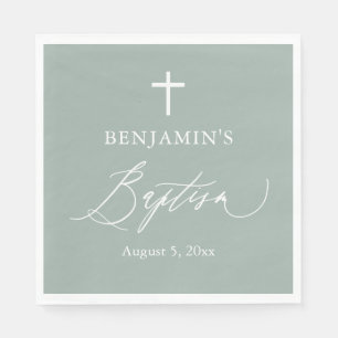 Sage Green White Cross Boy Baptism Paper Napkins