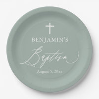 Sage Green White Cross Boy Baptism Party Plates