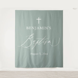 Sage Green White Cross Boy Baptism Photo Backdrop Tapestry