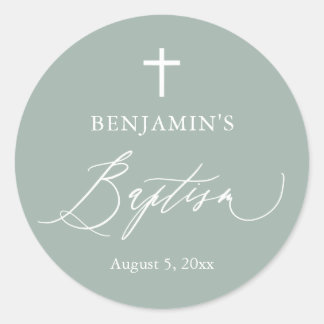 Sage Green White Cross Boy Baptism Round Sticker