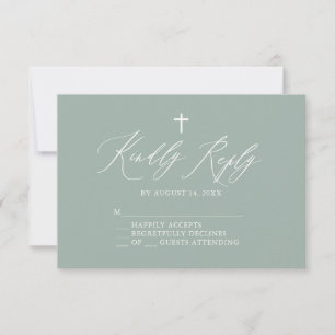 Sage Green White Cross Boy Baptism RSVP Card