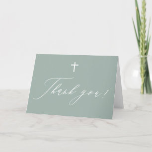 Sage Green White Cross Boy Baptism Thank You Card