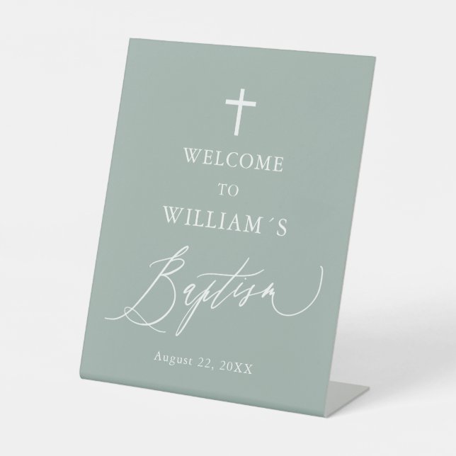 Sage Green White Cross Boy Baptism Welcome Sign (Front)