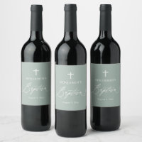 Sage Green White Cross Boy Baptism Wine Label