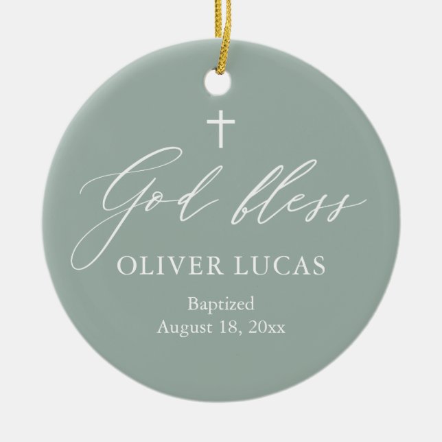 Sage Green White Cross Photo Boy Baptism Ornament (Front)