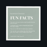 Sage Green white Custom fun fact list Wedding  Napkin<br><div class="desc">A unique and fun idea to upgrade your wedding napkins. Personalise these coasters with a list of fun facts about the bride and groom. Use this template and have guests talking, a great ice breaker. Simple with modern typography in white and Sage Green background. Tip: Add a fun twist to...</div>