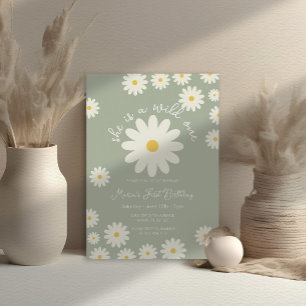 Sage Green White Daisy She is a Wild ONE Birthday Invitation