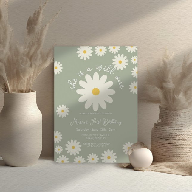 Sage Green White Daisy She is a Wild ONE Birthday  Invitation (Creator Uploaded)