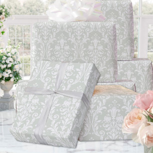 Sage Green White Damask Elegant Wedding Wrapping Paper
