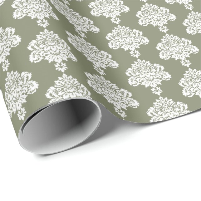 Sage Green | White Damask Wrapping Paper (Roll Corner)