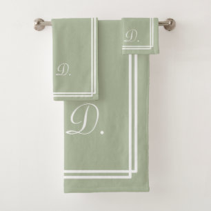 Sage Green White Elegant Modern Monogram Bath Towel Set