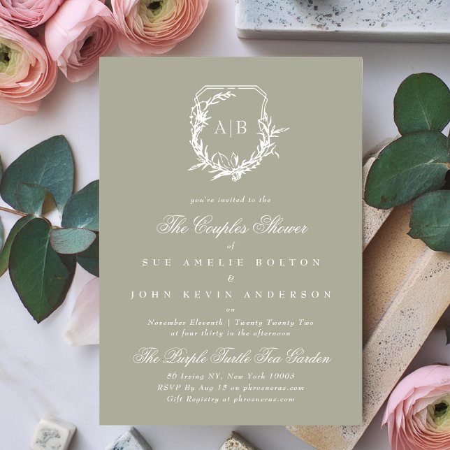 Sage Green White fig floral monogram couples Invitation (Creator Uploaded)