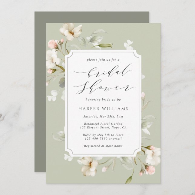 Sage Green White Floral Bridal Shower Invitation (Front/Back)