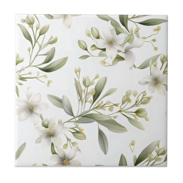 Sage Green White Floral Ceramic Tile (Front)
