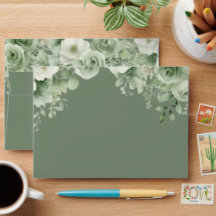 Sage Green White Floral Custom Wedding Envelopes